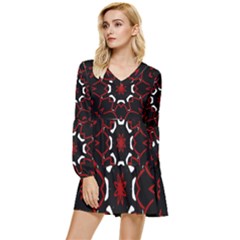 Red Shapes Mandala   Tiered Long Sleeve Mini Dress