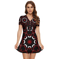 Red Shapes Mandala   V-neck High Waist Chiffon Mini Dress by ConteMonfrey