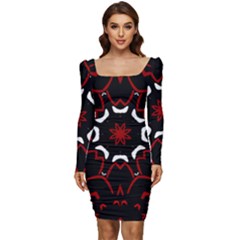 Red Shapes Mandala   Women Long Sleeve Ruched Stretch Jersey Dress