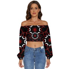 Red Shapes Mandala   Long Sleeve Crinkled Weave Crop Top