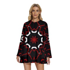 Red Shapes Mandala   Round Neck Long Sleeve Bohemian Style Chiffon Mini Dress