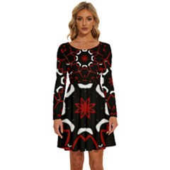 Red Shapes Mandala   Long Sleeve Wide Neck Velvet Dress by ConteMonfrey