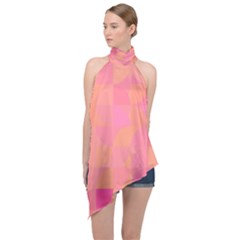 Geometric Pink Ocean  Halter Asymmetric Satin Top