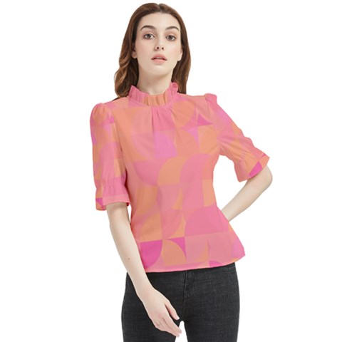 Geometric Pink Ocean  Frill Neck Blouse by ConteMonfrey