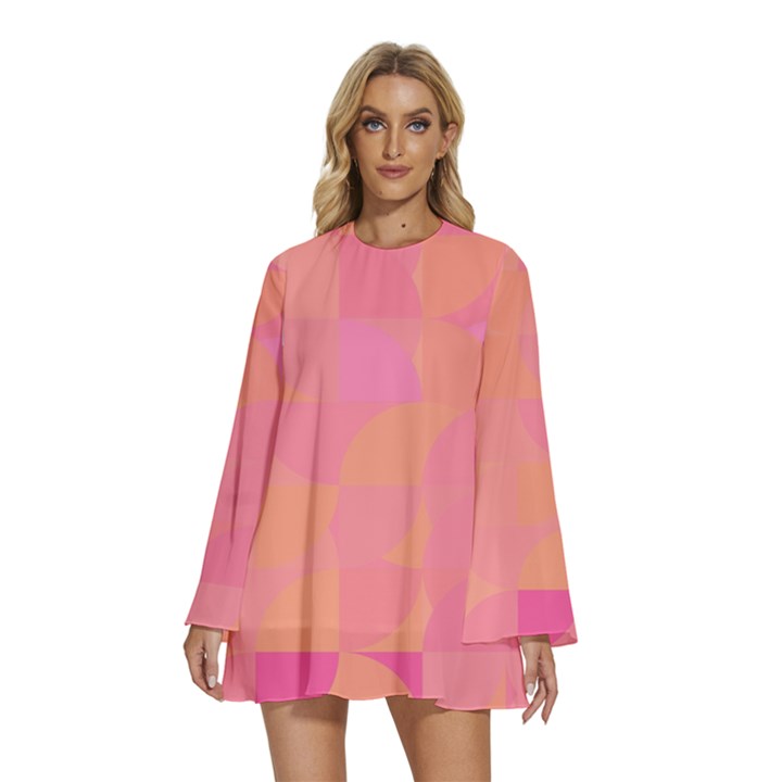 Geometric Pink Ocean  Round Neck Long Sleeve Bohemian Style Chiffon Mini Dress