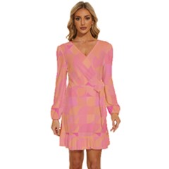 Geometric Pink Ocean  Long Sleeve Waist Tie Ruffle Velvet Dress