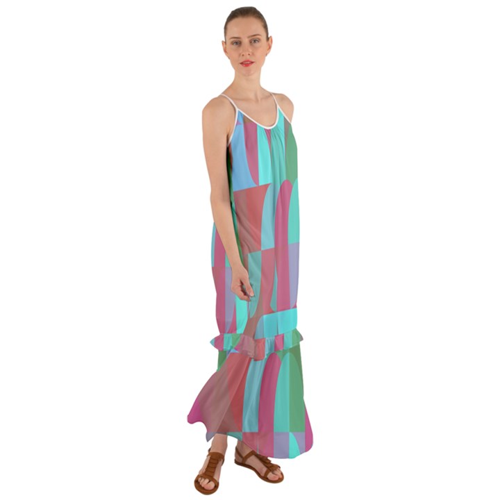 Geometric Ocean Purple Blue Pink Cami Maxi Ruffle Chiffon Dress