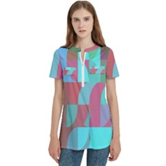 Geometric Ocean Purple Blue Pink Women s Zip Front V-neck Short Sleeve Casual Top Pocket Shirt