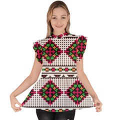 Ukrainian Folk Seamless Pattern Ethnic Ornament Border Element Traditional Ruffle Collar Short Sleeve Chiffon Top