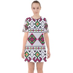 Ukrainian Folk Seamless Pattern Ethnic Ornament Border Element Traditional Sixties Short Sleeve Mini Dress