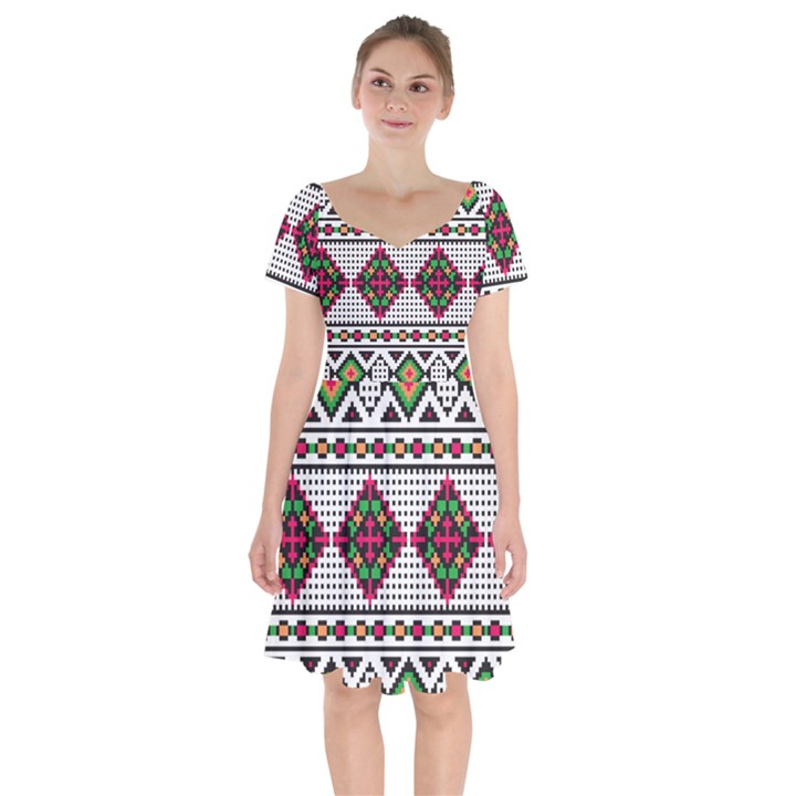 Ukrainian Folk Seamless Pattern Ethnic Ornament Border Element Traditional Short Sleeve Bardot Dress