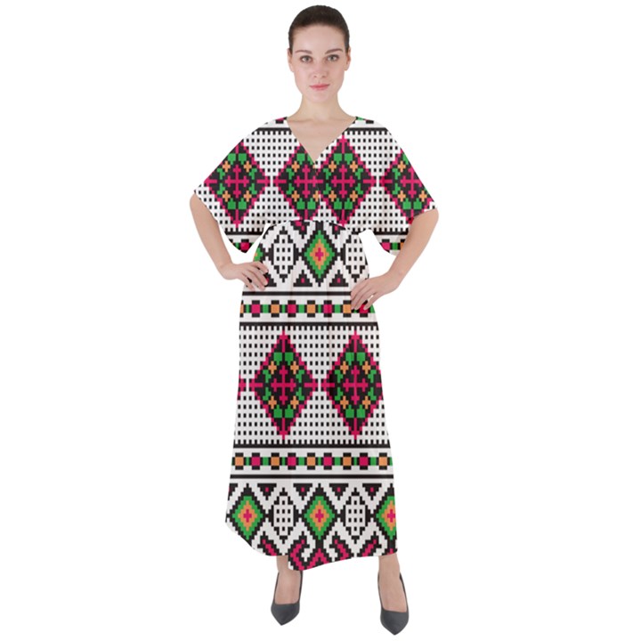 Ukrainian Folk Seamless Pattern Ethnic Ornament Border Element Traditional V-Neck Boho Style Maxi Dress