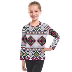 Ukrainian Folk Seamless Pattern Ethnic Ornament Border Element Traditional Kids  Long Mesh T-shirt