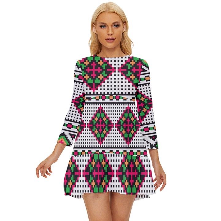 Ukrainian Folk Seamless Pattern Ethnic Ornament Border Element Traditional Long Sleeve Babydoll Dress