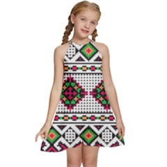 Ukrainian Folk Seamless Pattern Ethnic Ornament Border Element Traditional Kids  Halter Collar Waist Tie Chiffon Dress