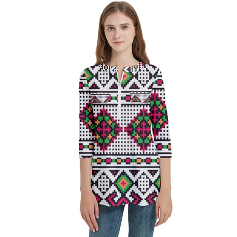 Ukrainian Folk Seamless Pattern Ethnic Ornament Border Element Traditional Women s Zip Front V-neck 3/4 Sleeve Casual Top Pocket Shirt by Grandong