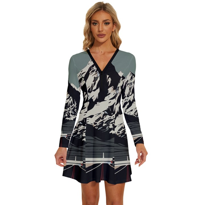 Mountains Long Sleeve Deep V Mini Dress 