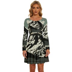 Mountains Long Sleeve Wide Neck Velvet Dress