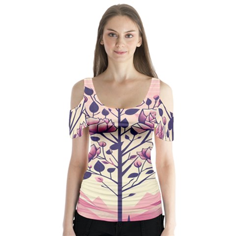 Roses Flowers Bloom Nature Blossom Butterfly Sleeve Cutout T-shirt  by Salmanaz77