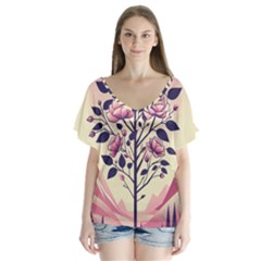 Roses Flowers Bloom Nature Blossom V-Neck Flutter Sleeve Top