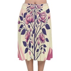 Roses Flowers Bloom Nature Blossom Velvet Flared Midi Skirt