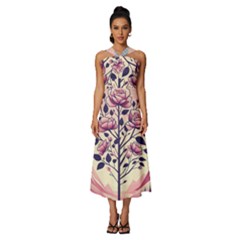 Roses Flowers Bloom Nature Blossom Sleeveless Cross Front Cocktail Midi Chiffon Dress