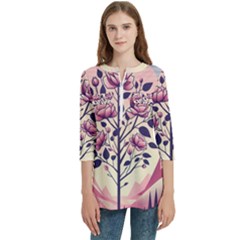 Roses Flowers Bloom Nature Blossom Women s Zip Front V-Neck 3/4 Sleeve Casual Top Pocket Shirt