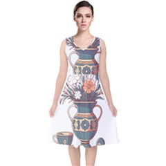 Flower Vase Nature Bloom Blossom V-neck Midi Sleeveless Dress 