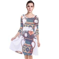 Flower Vase Nature Bloom Blossom Quarter Sleeve Waist Band Dress