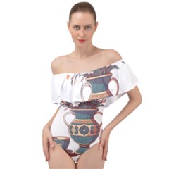 Flower Vase Nature Bloom Blossom Off Shoulder Velour Bodysuit 