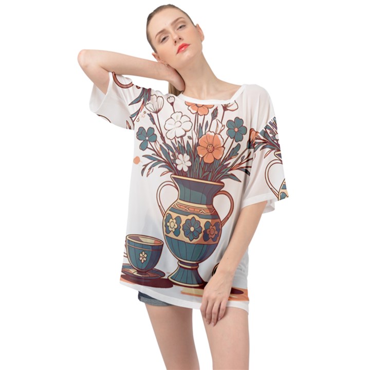 Flower Vase Nature Bloom Blossom Oversized Chiffon Top