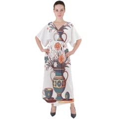 Flower Vase Nature Bloom Blossom V-neck Boho Style Maxi Dress