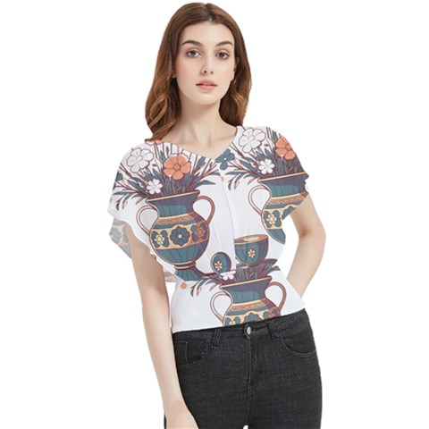 Flower Vase Nature Bloom Blossom Butterfly Chiffon Blouse by Salmanaz77