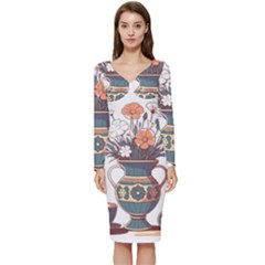 Flower Vase Nature Bloom Blossom Long Sleeve V-neck Bodycon Dress  by Salmanaz77