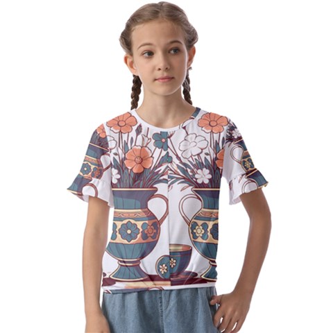 Flower Vase Nature Bloom Blossom Kids  Cuff Sleeve Scrunch Bottom T-shirt by Salmanaz77