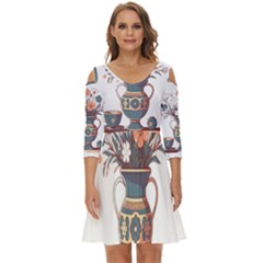 Flower Vase Nature Bloom Blossom Shoulder Cut Out Zip Up Dress