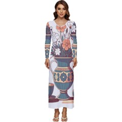 Flower Vase Nature Bloom Blossom Long Sleeve Longline Maxi Dress