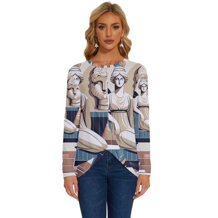 Sculpture Statue Angel Artwork Long Sleeve Crew Neck Pullover Top