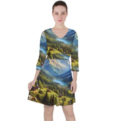 Forest Landscape Nature Trees Quarter Sleeve Ruffle Waist Dress