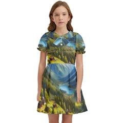 Forest Landscape Nature Trees Kids  Bow Tie Puff Sleeve Dress