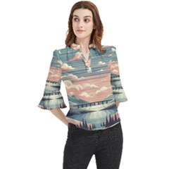 Artwork Painting Sculpture Nature Loose Horn Sleeve Chiffon Blouse