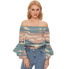 Artwork Painting Sculpture Nature Off Shoulder Flutter Bell Sleeve Top