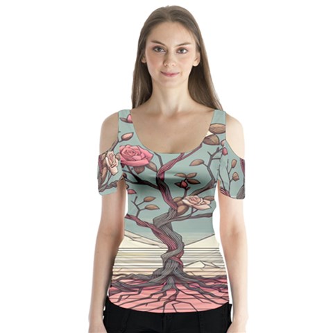 Roses Flowers Bloom Nature Blossom Butterfly Sleeve Cutout T-shirt  by Salmanaz77