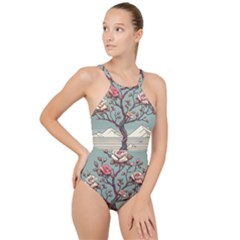 Roses Flowers Bloom Nature Blossom High Neck One Piece Swimsuit