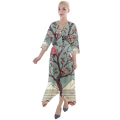 Roses Flowers Bloom Nature Blossom Quarter Sleeve Wrap Front Maxi Dress