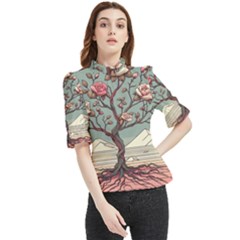 Roses Flowers Bloom Nature Blossom Frill Neck Blouse