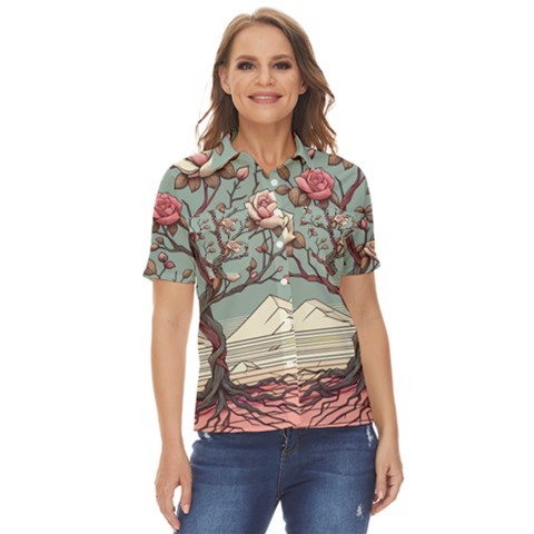 Roses Flowers Bloom Nature Blossom Women s Short Sleeve Double Pocket Shirt by Salmanaz77