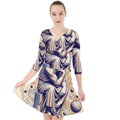 Thinker Sculpture Design Geometric Quarter Sleeve Front Wrap Dress