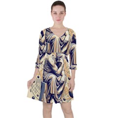 Thinker Sculpture Design Geometric Quarter Sleeve Ruffle Waist Dress