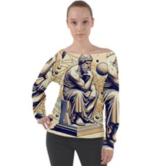 Thinker Sculpture Design Geometric Off Shoulder Long Sleeve Velour Top